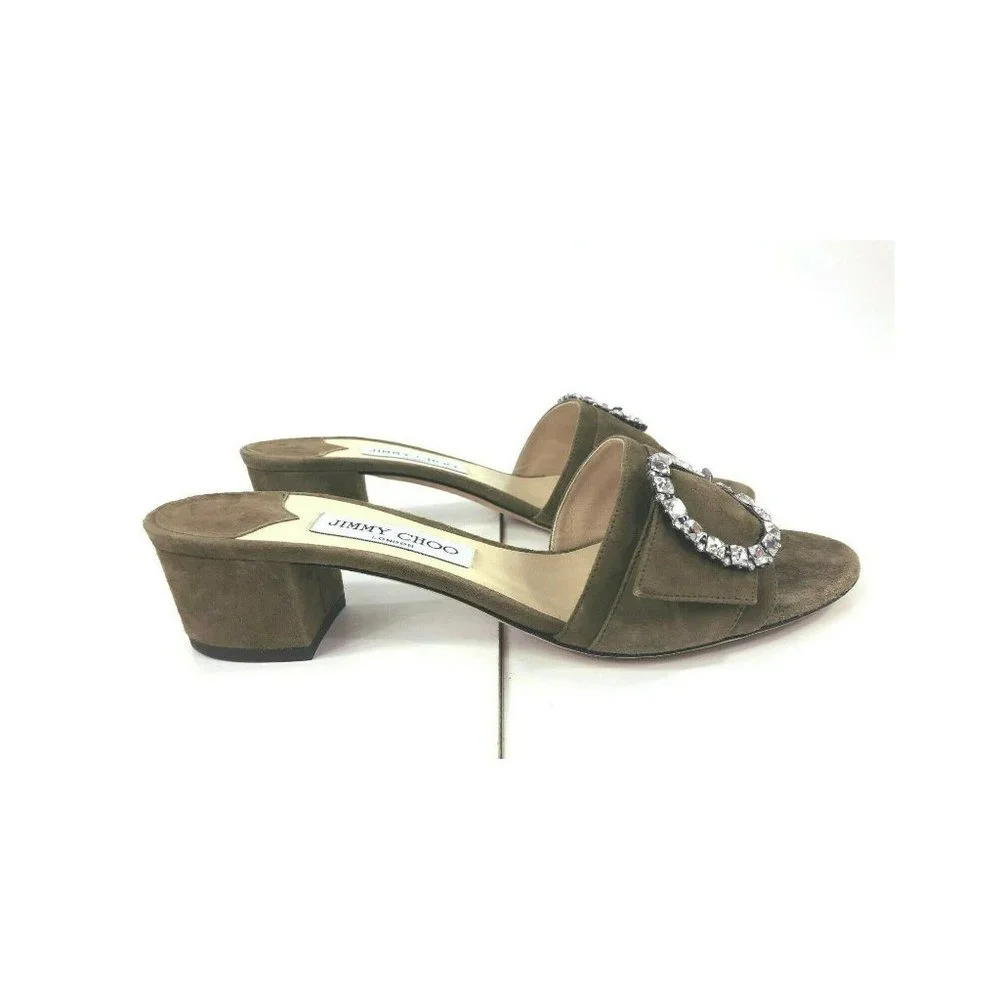 Jimmy Choo $700 Granger 35 Embellished Suede Sandals Green Brown 40